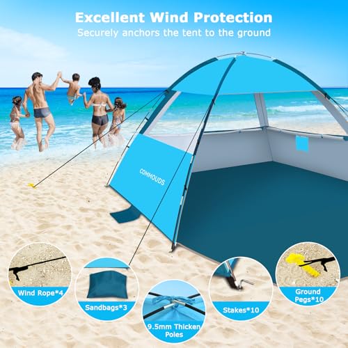 COMMOUDS Blue 6-Person Beach Tent Sun Shelter UPF 50+ UV Protection Lightweight