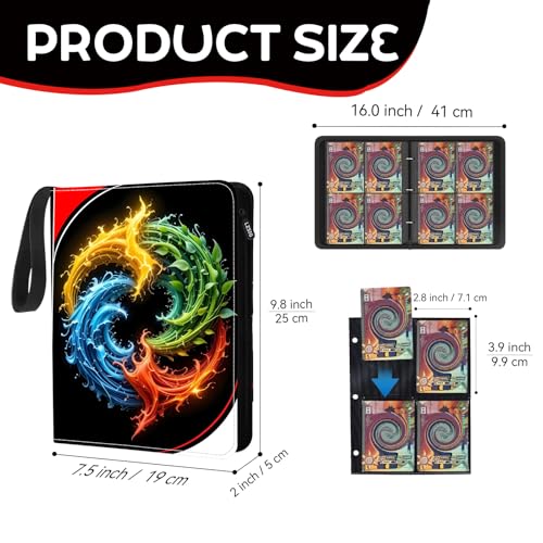 4 Pockets Card Binder - Can Hold 400 Cards with 50 Removable Sleeves - HD Digital Print, Black & 4 Elements
