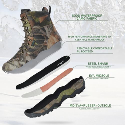 R RUNFUN Men's 8-Inch Waterproof Insulated Camo Hunting Boots - Brown, Size 10