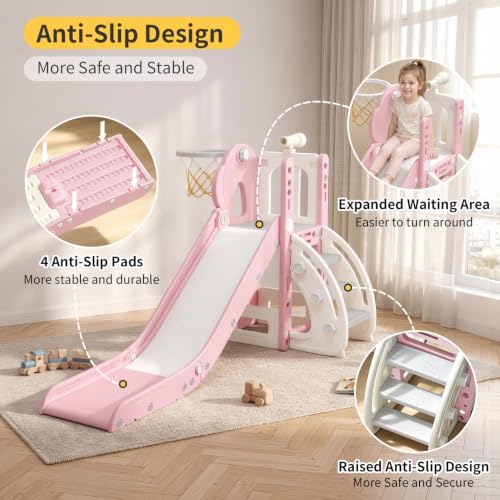 Pink 6 in 1 Toddler Indoor Outdoor Slide for 1-3 Year Olds, Foldable Playset