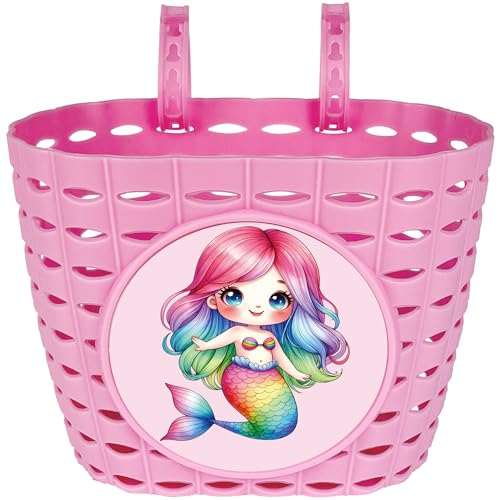 Girls Pink Bike Basket with Mermaid Pattern - Kids Bicycle Handlebar Storage