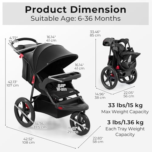 INFANS Foldable Jogging Stroller with Air-Filled Tires - Black, Adjustable Backrest