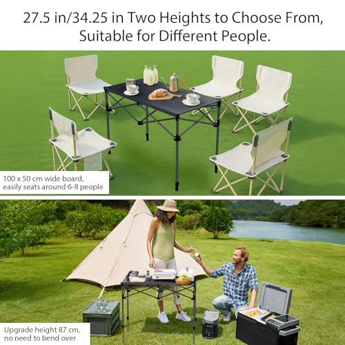 Anbte 34.2-Inch Tall Folding Camping Table with Aluminum Surface, Black, Adjustable Height & Mesh Storage