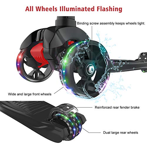 Allek Kick Scooter B02 for Kids - Lean 'N Glide with Light-Up Wide PU Wheels (Black, Adjustable Heights 3-12yrs)