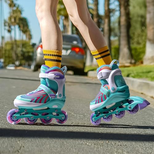 Super Youngster Adjustable Light Up Inline Skates for Kids Girls Mint Green 1-4 US