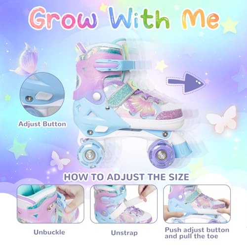 Nattork Kids Adjustable Purple Roller Skates for Girls & Boys with Light-Up Wheels, Butterfly Design, 4 Sizes