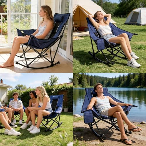 Suteck Navy Blue Oversized Rocking Camping Chair with Padded Seat & Cup Holder