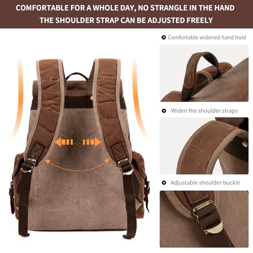 HuaChen Vintage Waxed Canvas Backpack XL Brown with Leather Flap - Water-Resistant Travel & Work Rucksack