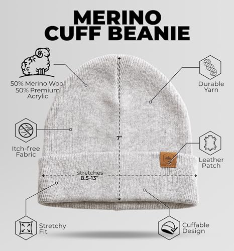 Tough Headwear Merino Wool Beanie - Light Gray One Size Winter Hat for Women & Men