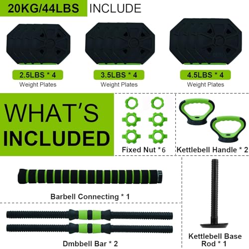 4-in-1 Adjustable Dumbbell Set with Barbell, Kettlebell & Push-Up Stand - 44lbs Fitness Equipment for Home Gym