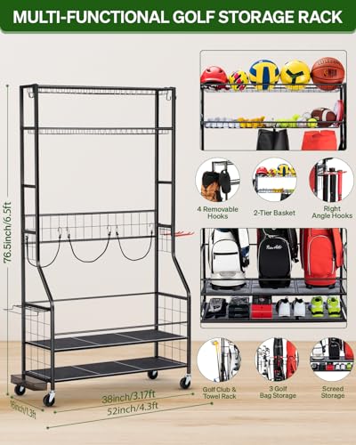 FHXZH Three Golf Bag Storage Rack with Wheels & Multi-Storage Shelves