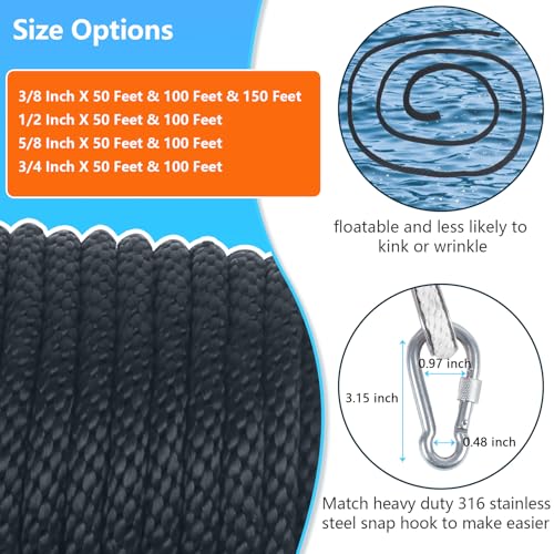 DEDU 5/8 Inch 100 FT Marine Anchor Rope with Stainless Steel Thimble & Snap Hook, Black