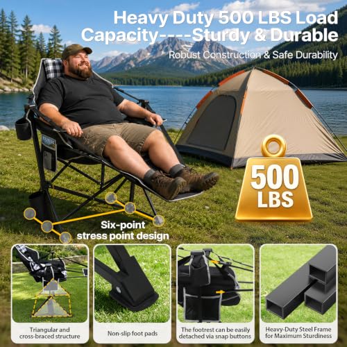ZENPETIO Heavy-Duty Camping Chair with Footrest & Thick Cushion Black & Grey – Supports 500 lbs