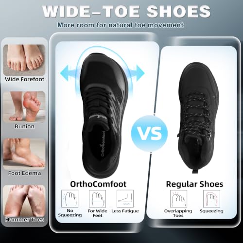 Men's Wide Orthopedic Support Shoes for Plantar Fasciitis - Slip-Resistant Hiking Sneakers, Black, 10 Wide, K1
