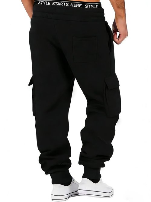 Drantren Cargo Sweatpants for Men Cotton Casual Joggers Stretch Drawstring Baggy Sweatpants with Pockets Jogging Pants Black