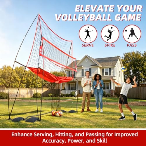 JOLORLY 12x11 ft Red Volleyball Practice Net Station - Adjustable Height, Backyard Training System