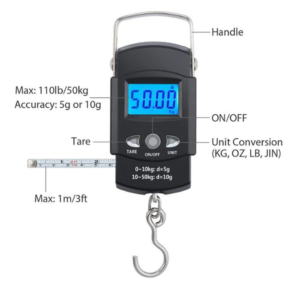 TXY Portable LCD Fish Scale - 50kg/110lb Capacity with 1m Ruler Tape for Accurate Weighing