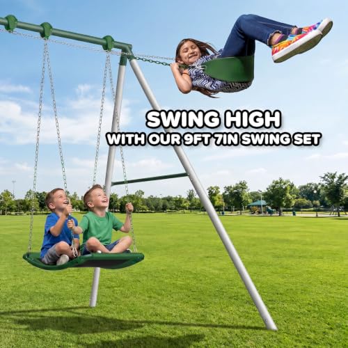 Kids & Adults Metal Swing Set with Skyflyer & 2 Sling Swings - Green/White, 9.5Ft