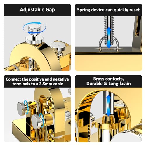 Heavy Duty Stainless Steel Morse Code Key with Gold Finish - CW Telegraph Shortwave Radio Key - Adjustable Distance, Durable Practice Oscillator for Ham Radio
