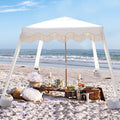 White Fringe Beach Cabana with Wood Poles | 7x7 ft Boho Canopy, UV Protection, Easy Setup