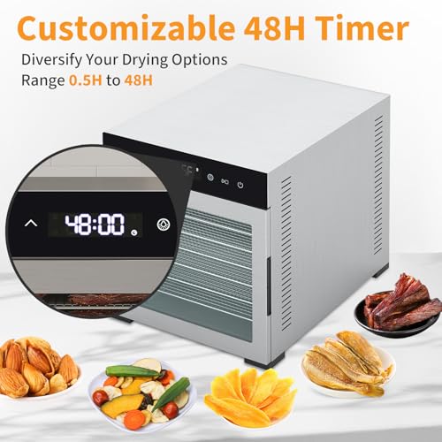 NEWBULIG 8-Tray Stainless Steel Food Dehydrator with 500W, Silver, 185°F Temp, 24H Timer