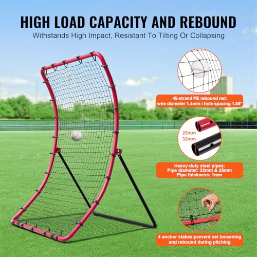 VEVOR 4x5.5 Ft Red Baseball Softball Rebounder Net with Adjustable Angles and Steel Frame