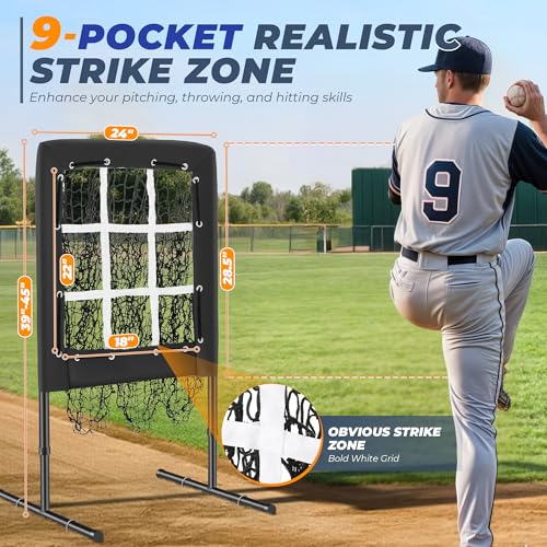 Black 9 Hole Baseball & Softball Pitching Net with Strike Zone - Portable Training Aid
