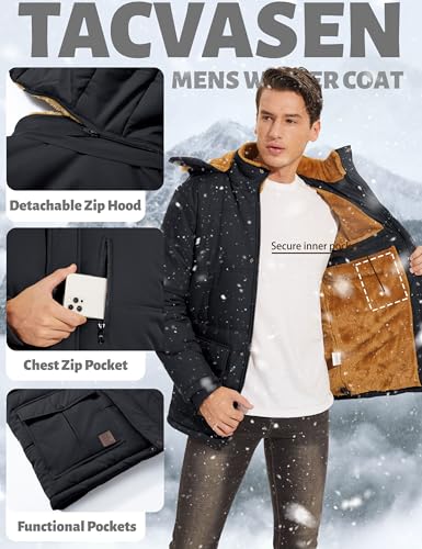 Men's Winter Parka Jacket with Hood - Water-Resistant & Windproof, Medium Black