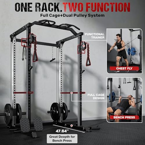 Goimu Black DP01 Power Cage with Cable Crossover & Dual Pulleys, 2000LBS Squat Rack for Home Gym