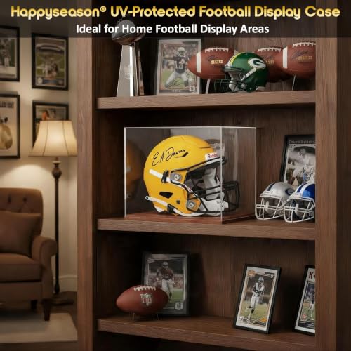 UV-Protected Clear Football Helmet Display Case by Happyseason - 93.8% UV Block Acrylic with Solid Wood Base