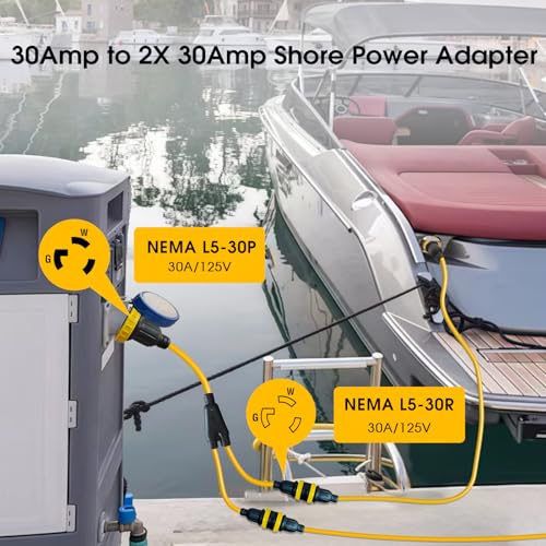 LAZMUMI 30A Marine Shore Power Y Splitter Cord - Dual L5-30R Outlets for Boats & RVs