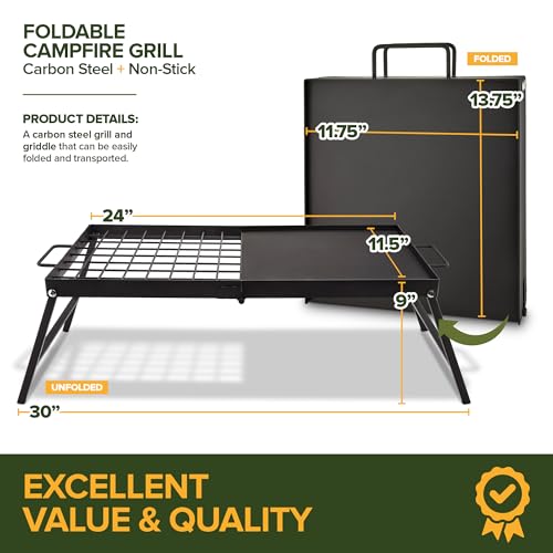 Carbon Steel Foldable Campfire Grill with Non-Stick Surface Portable Cooking Grate & Griddle
