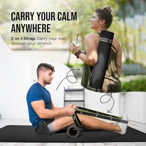 Extra Wide Yoga Mat 72 x 36 Inches Non Slip Cushion for Yoga & Pilates - Black + Extra Cushion (1/2 Inch Thick) with Strap