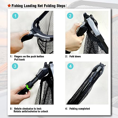 Fiblink 3-Section Folding Aluminum Fishing Landing Net with Extendable Telescoping Handle 59-118 Inches