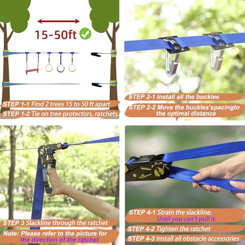 Blue Line Ninja Warrior Obstacle Course Kit for Kids - 8 Obstacles, 2x56ft Slackline Set with Quick-Install Buckles