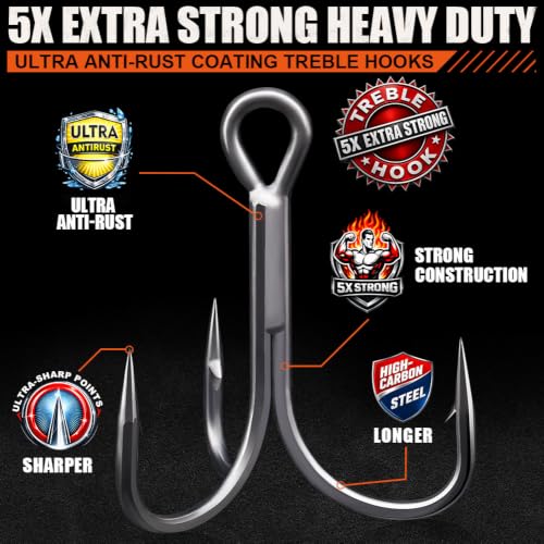 XFISHMAN 5X Heavy Duty Saltwater Treble Hooks Size 5/0 - 6 Pack