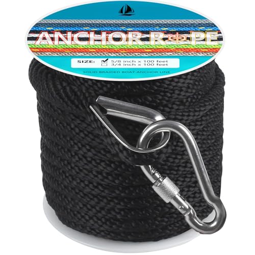 DEDU 5/8 Inch 100 FT Marine Anchor Rope with Stainless Steel Thimble & Snap Hook, Black