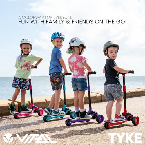 Vital Tyke 3 Wheel Toddler Scooter with LED Wheels - Foldable, Adjustable Handlebar & Removable Seat for Kids 3-7, Up to 110lbs - Red
