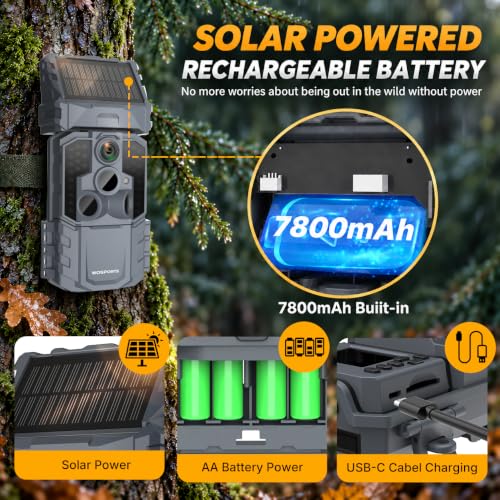 WOSPORTS 48MP WiFi Trail Camera with 7800mAh Solar Battery, 0.1s Trigger, Waterproof IP66, Supports 64GB SD Card