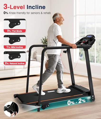 Redliro Senior Treadmill with Long Handrails - Black, Compact Home Walking Machine
