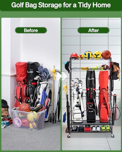 FHXZH Three Golf Bag Storage Rack with Wheels & Multi-Storage Shelves