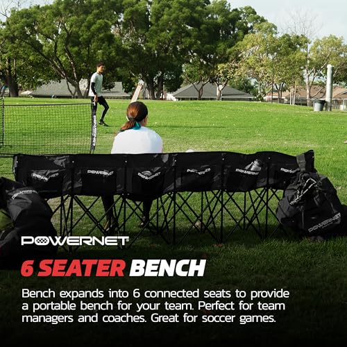 PowerNet 6-Seater Team Bench Black with Backpack Carry Bag - Portable Sports Seating for Soccer Football Basketball Practice & Games