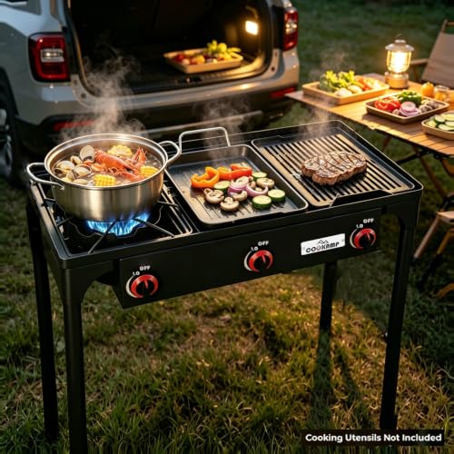 COOKAMP 3 Burner Propane Camping Stove - High Pressure Portable Outdoor Cooker with Regulator & Hose