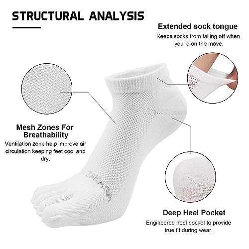 CaiDieNu No Show Toe Socks for Men - Five Finger Cotton Running Ankle Socks 13-15 White