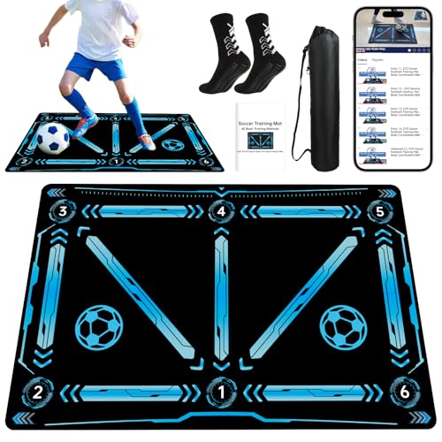 ZVD Soccer Training Mat 47.3x31.5in with Video Tutorials Non-Slip Footwork Practice Blue