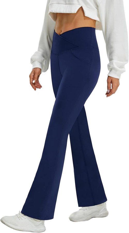 FireSwan Women's High Waisted Crossover Flare Leggings - Tummy Control with Pockets for Gym & Yoga
