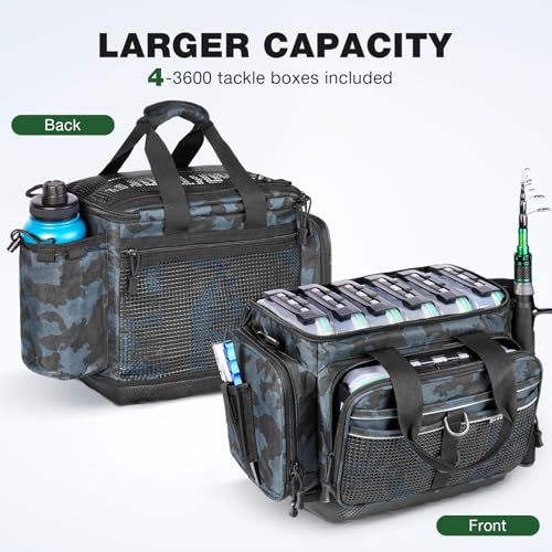 Waterproof Fishing Tackle Bag with 4x 3600 Boxes, Rod Holder & Organizer - Ghosthorn Variation of This Listing