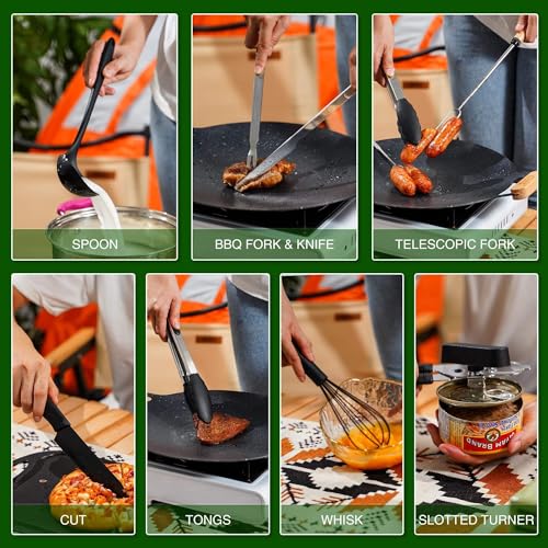 Camping Utensils Set - 30-Piece Silicone & Stainless Steel Kitchen Tools, Brown Pro Variation