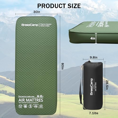 BreezCamp Green Self-Inflating Memory Foam Sleeping Pad with Electric Pump, 4-Inch Thick, All-Season Camping Mattress