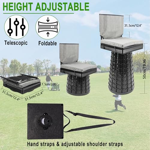 Portable Collapsible Stool with Backrest & Cushion - Black, 31.5x31.5x50cm, Heavy Duty 1000lbs